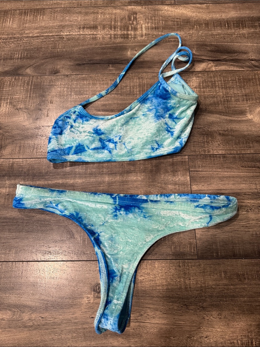 Frankie's Bikinis Blue & Aqua Velvet One-Shoulder Bikini Set size M/L